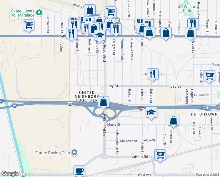 map of restaurants, bars, coffee shops, grocery stores, and more near 1404 Jay Street in Rochester