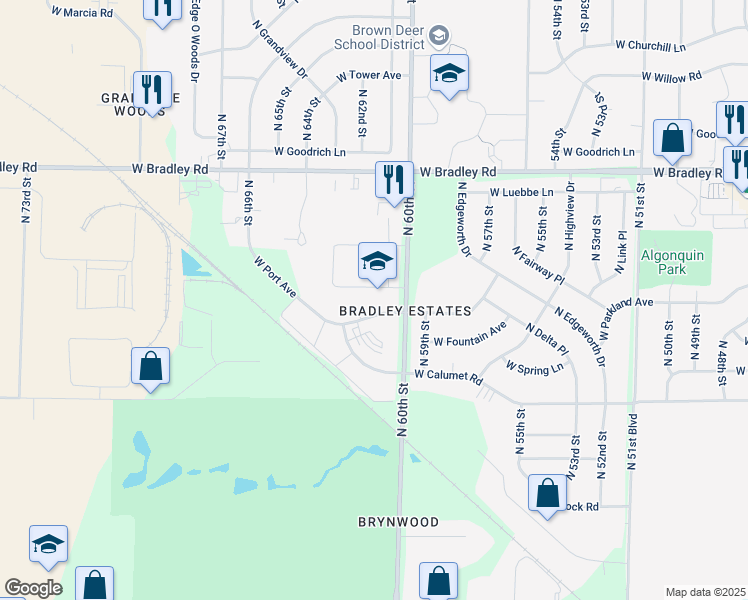 map of restaurants, bars, coffee shops, grocery stores, and more near 6130 West Port Avenue in Milwaukee