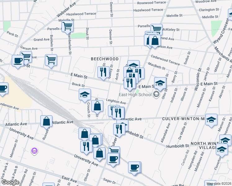 map of restaurants, bars, coffee shops, grocery stores, and more near in Rochester