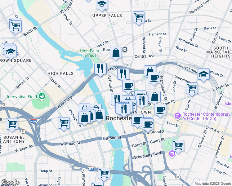 map of restaurants, bars, coffee shops, grocery stores, and more near 184 Andrews Street in Rochester