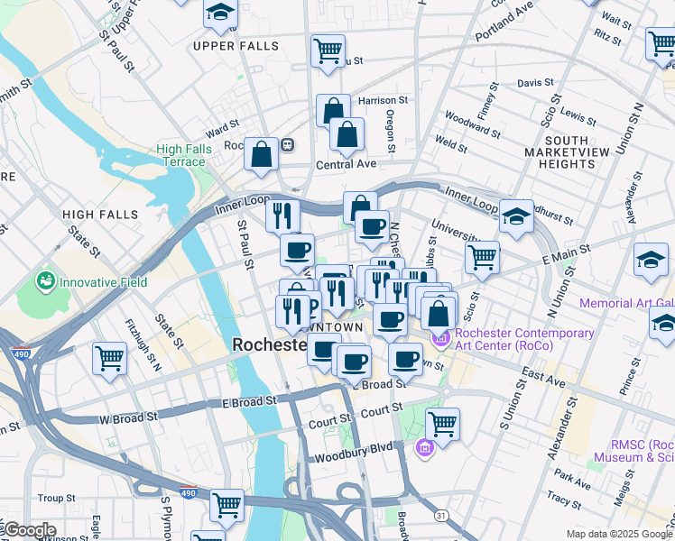 map of restaurants, bars, coffee shops, grocery stores, and more near 98 Pleasant Street in Rochester