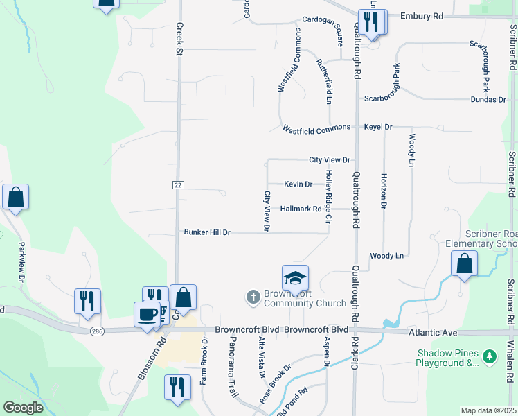 map of restaurants, bars, coffee shops, grocery stores, and more near 183 City View Drive in Rochester