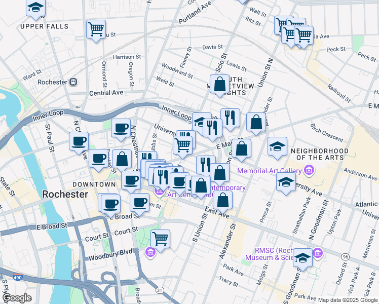 map of restaurants, bars, coffee shops, grocery stores, and more near 187 University Avenue in Rochester