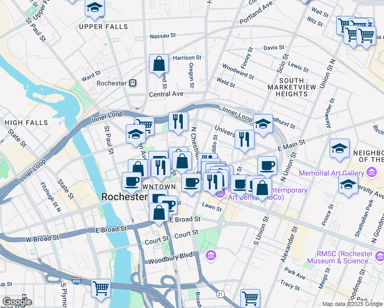 map of restaurants, bars, coffee shops, grocery stores, and more near 111 North Chestnut Street in Rochester