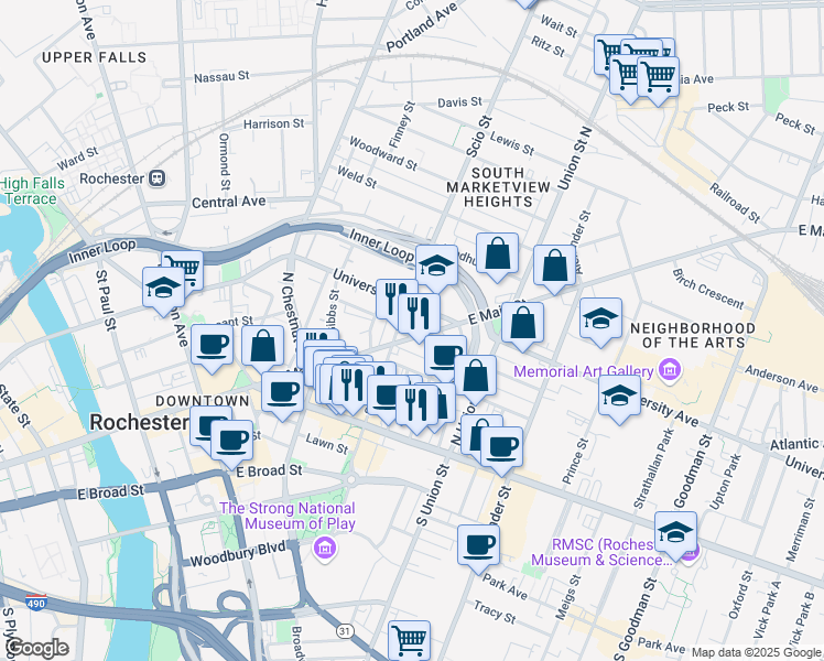 map of restaurants, bars, coffee shops, grocery stores, and more near 187 University Avenue in Rochester