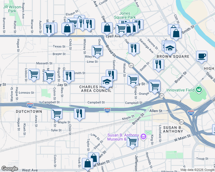 map of restaurants, bars, coffee shops, grocery stores, and more near 516 Jay Street in Rochester