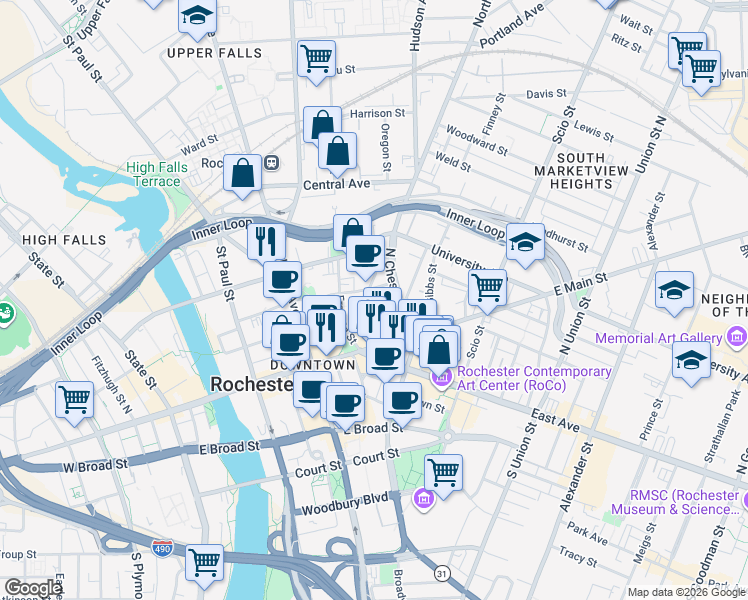 map of restaurants, bars, coffee shops, grocery stores, and more near 96 Liberty Pole Way in Rochester