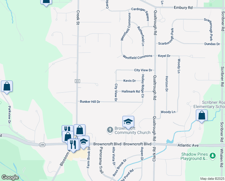 map of restaurants, bars, coffee shops, grocery stores, and more near 183 City View Drive in Rochester