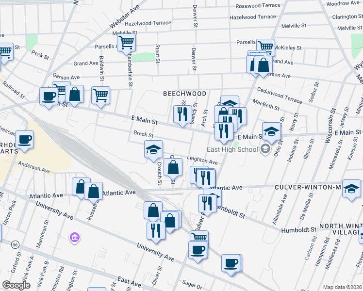 map of restaurants, bars, coffee shops, grocery stores, and more near 274 Breck Street in Rochester