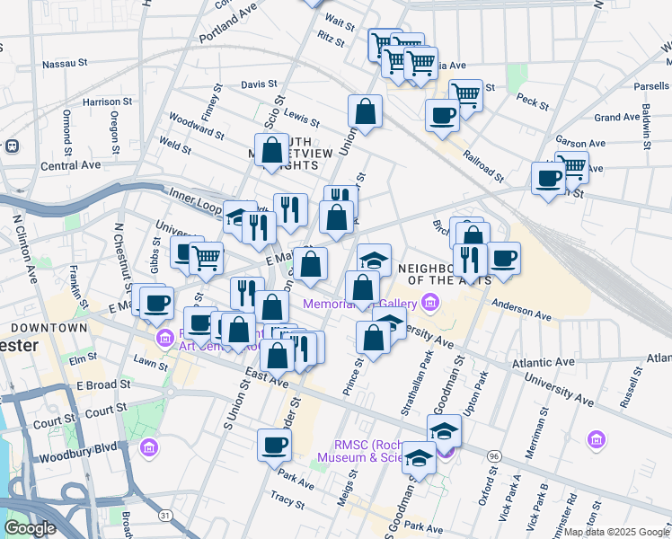 map of restaurants, bars, coffee shops, grocery stores, and more near 413 Alexander Street in Rochester