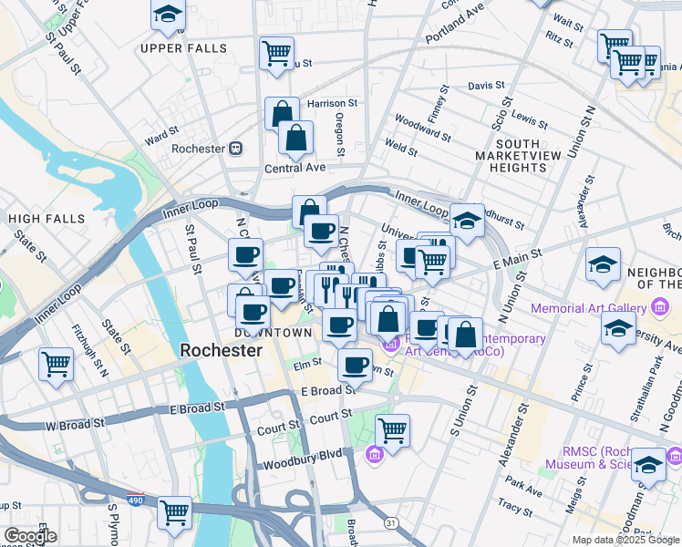 map of restaurants, bars, coffee shops, grocery stores, and more near 1245 Grove Street in Rochester