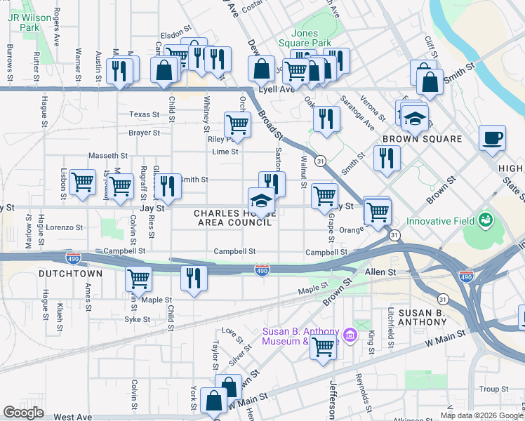 map of restaurants, bars, coffee shops, grocery stores, and more near 516 Jay Street in Rochester