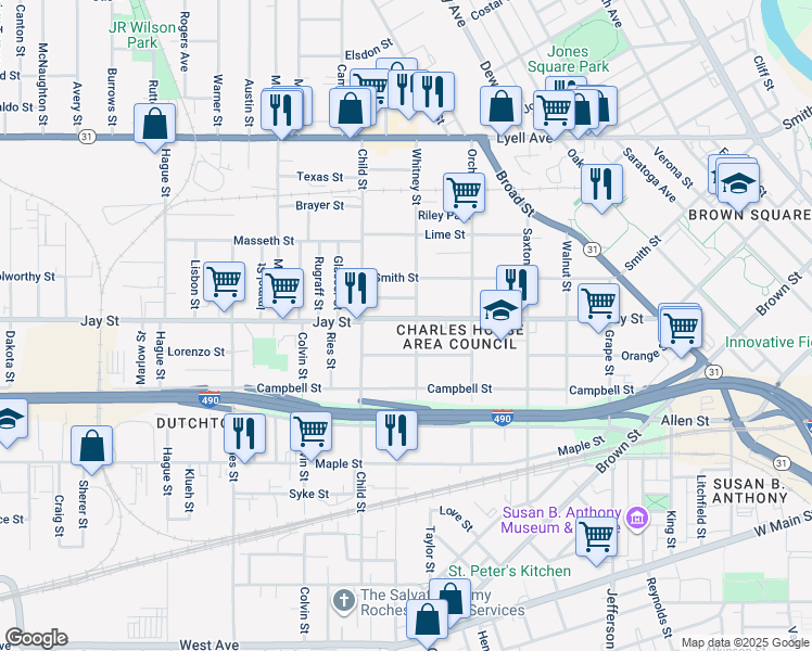 map of restaurants, bars, coffee shops, grocery stores, and more near 618 Jay Street in Rochester