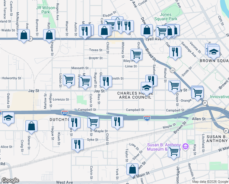map of restaurants, bars, coffee shops, grocery stores, and more near in Rochester
