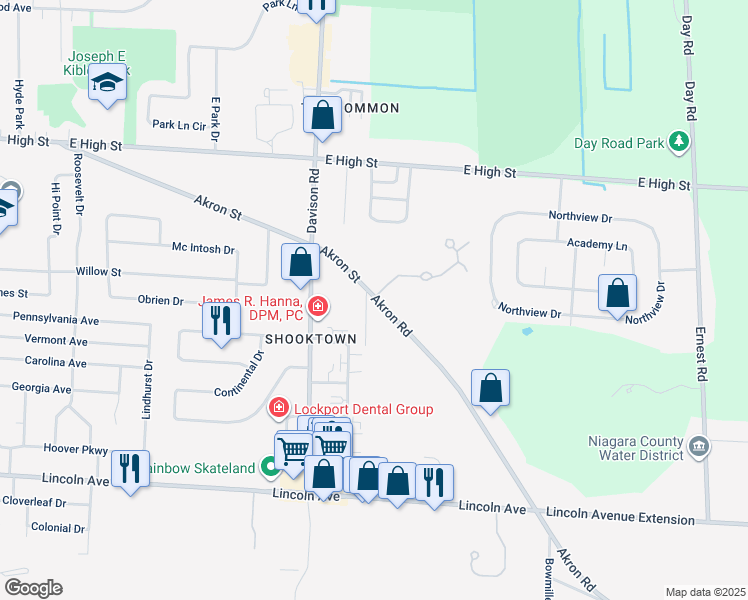 map of restaurants, bars, coffee shops, grocery stores, and more near 385 Akron Street in Lockport