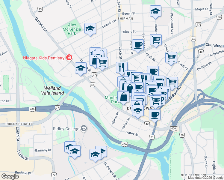 map of restaurants, bars, coffee shops, grocery stores, and more near 10 Montebello Place in St. Catharines