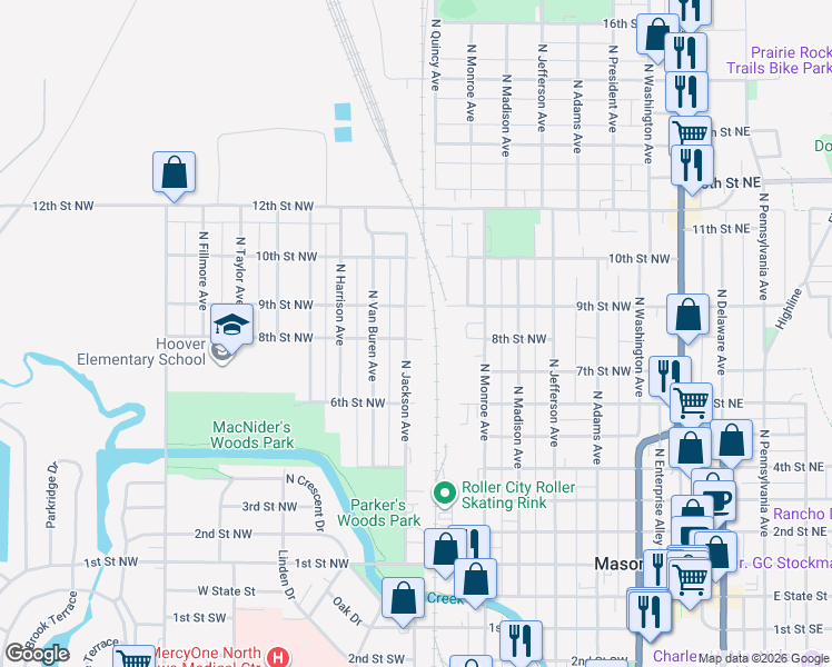 map of restaurants, bars, coffee shops, grocery stores, and more near 811 North Jackson Avenue in Mason City