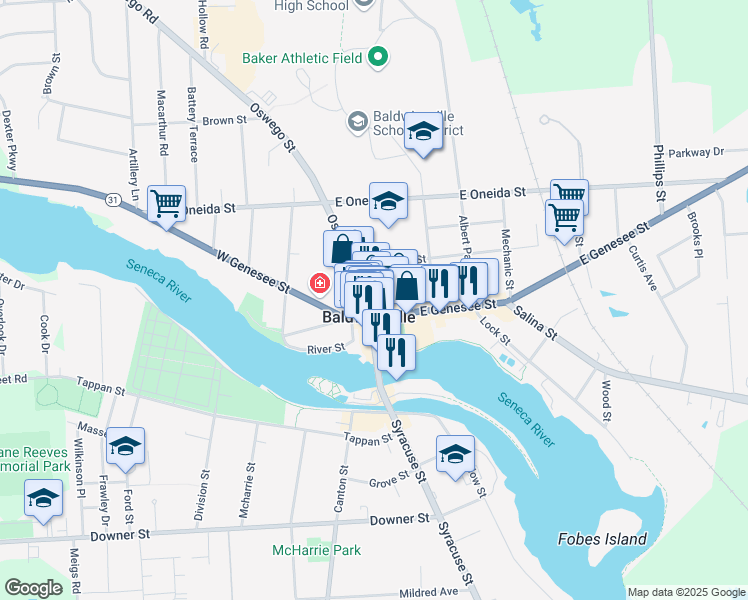 map of restaurants, bars, coffee shops, grocery stores, and more near 8 Elizabeth Street in Baldwinsville