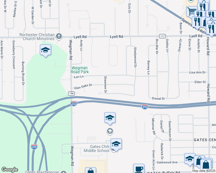 map of restaurants, bars, coffee shops, grocery stores, and more near 10 Shawnee Drive in Rochester