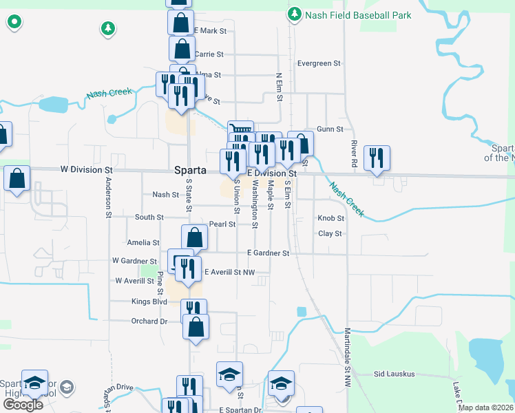 map of restaurants, bars, coffee shops, grocery stores, and more near 69 Maple Street in Sparta