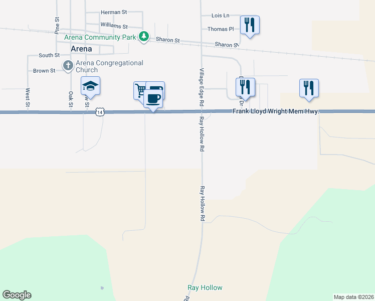 map of restaurants, bars, coffee shops, grocery stores, and more near 139 U.S. 14 in Arena
