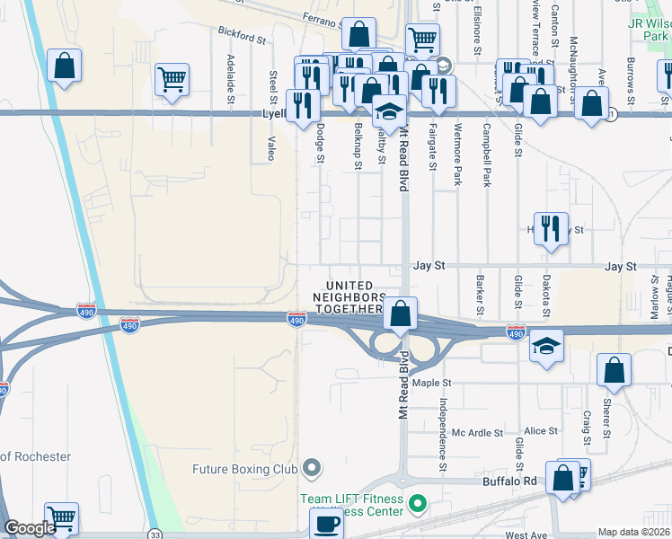 map of restaurants, bars, coffee shops, grocery stores, and more near 1520 Jay Street in Rochester