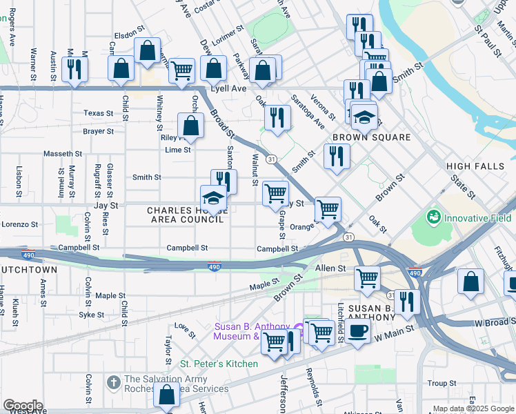 map of restaurants, bars, coffee shops, grocery stores, and more near 391 Jay Street in Rochester