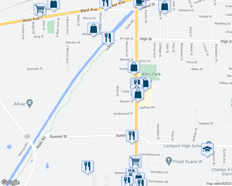 map of restaurants, bars, coffee shops, grocery stores, and more near 33 Cedar Street in Lockport