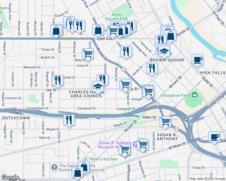 map of restaurants, bars, coffee shops, grocery stores, and more near 411 Jay Street in Rochester