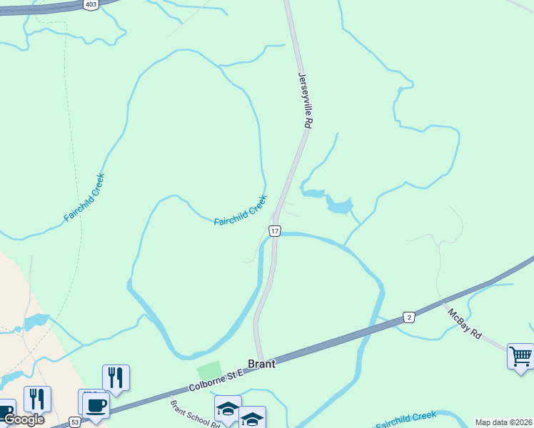 map of restaurants, bars, coffee shops, grocery stores, and more near 46 Regional Road 17 in Brantford