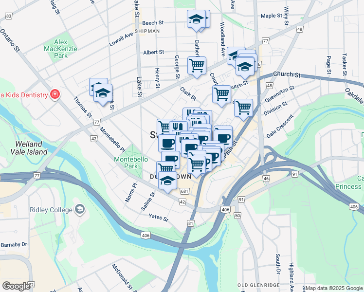 map of restaurants, bars, coffee shops, grocery stores, and more near 50 Church Street in Saint Catharines