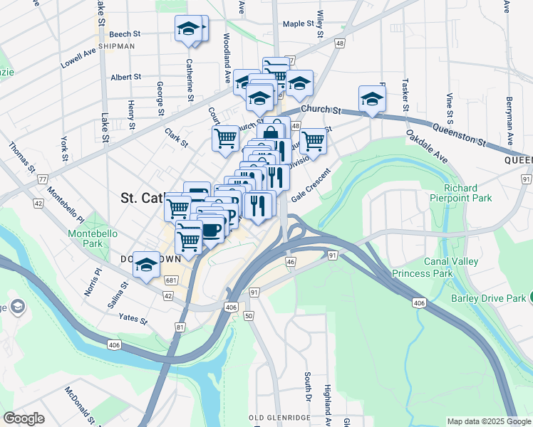 map of restaurants, bars, coffee shops, grocery stores, and more near 8 Bond Street in Saint Catharines