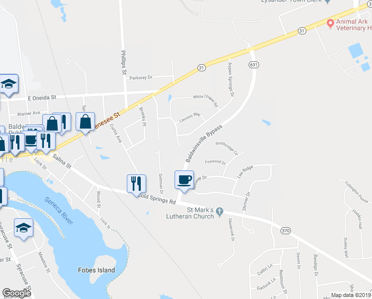 map of restaurants, bars, coffee shops, grocery stores, and more near 21 Charing Cross Circle in Baldwinsville