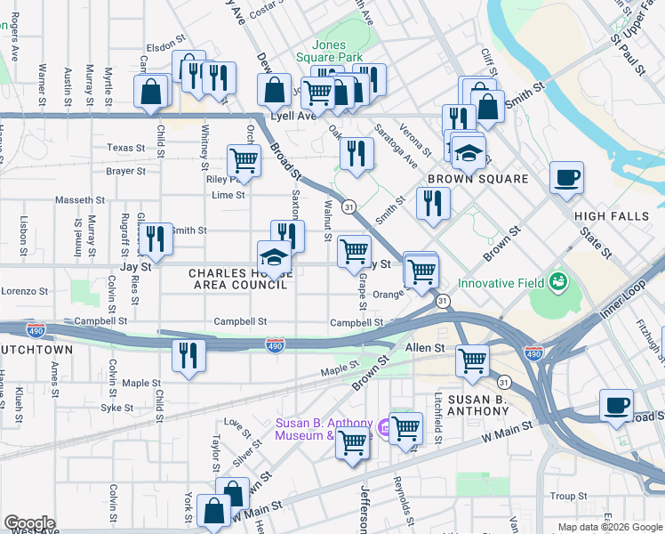 map of restaurants, bars, coffee shops, grocery stores, and more near in Rochester
