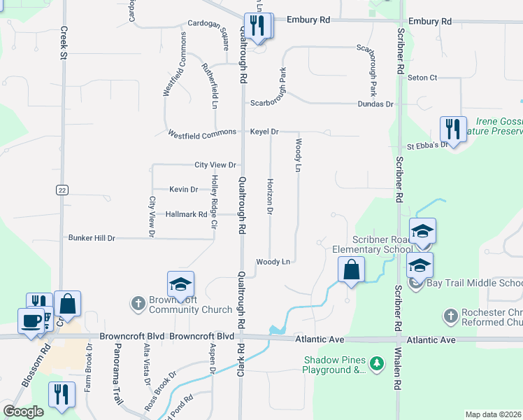 map of restaurants, bars, coffee shops, grocery stores, and more near 91 Horizon Drive in Rochester
