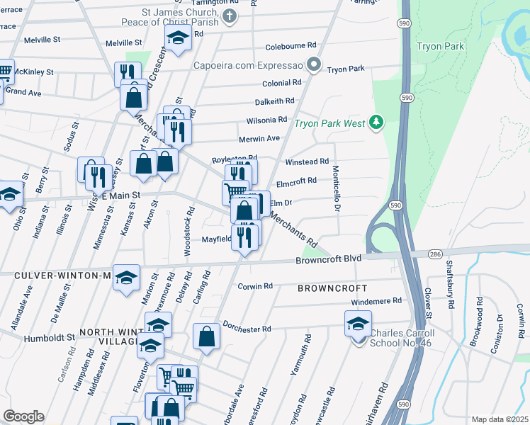 map of restaurants, bars, coffee shops, grocery stores, and more near 15 Elm Drive in Rochester