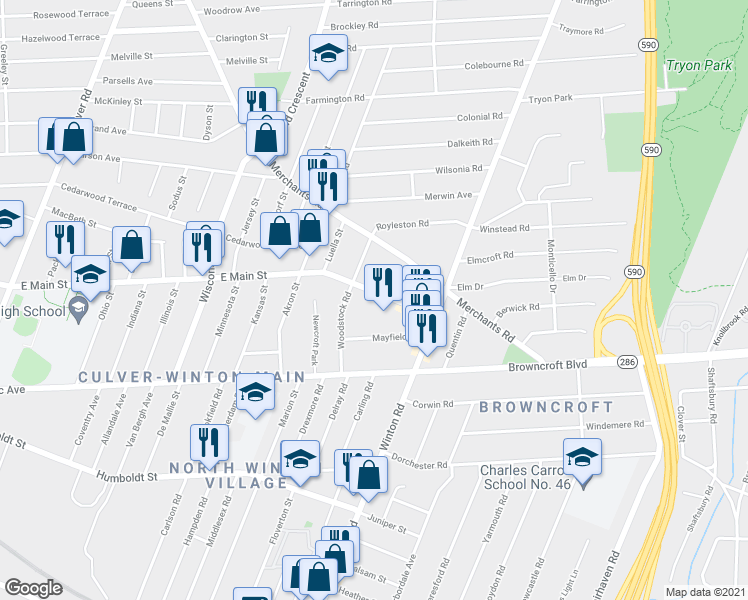 map of restaurants, bars, coffee shops, grocery stores, and more near 2268 East Main Street in Rochester