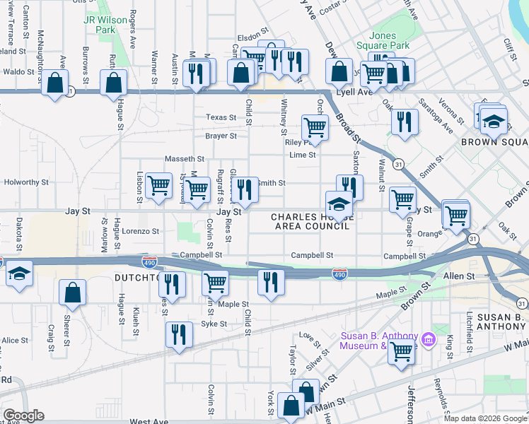 map of restaurants, bars, coffee shops, grocery stores, and more near in Rochester
