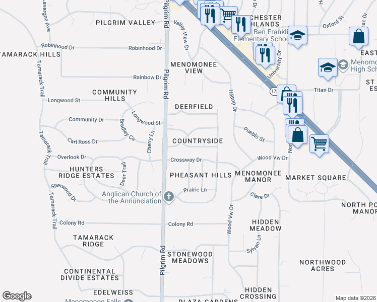 map of restaurants, bars, coffee shops, grocery stores, and more near N78W15483 Haymeadow Road in Menomonee Falls