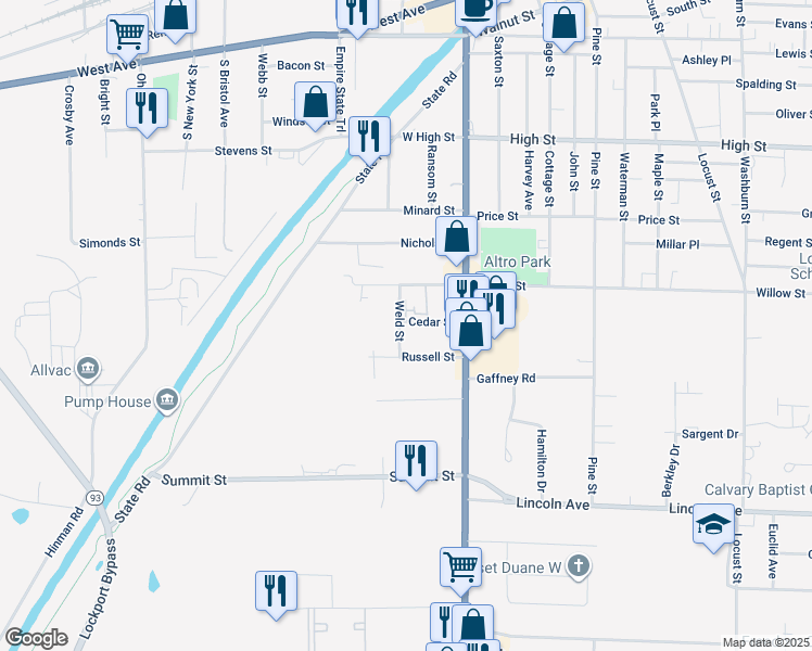 map of restaurants, bars, coffee shops, grocery stores, and more near 33 Cedar Street in Lockport