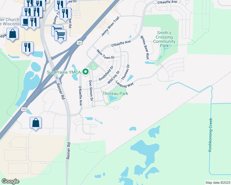 map of restaurants, bars, coffee shops, grocery stores, and more near 1521 Thoreau Drive in Sun Prairie