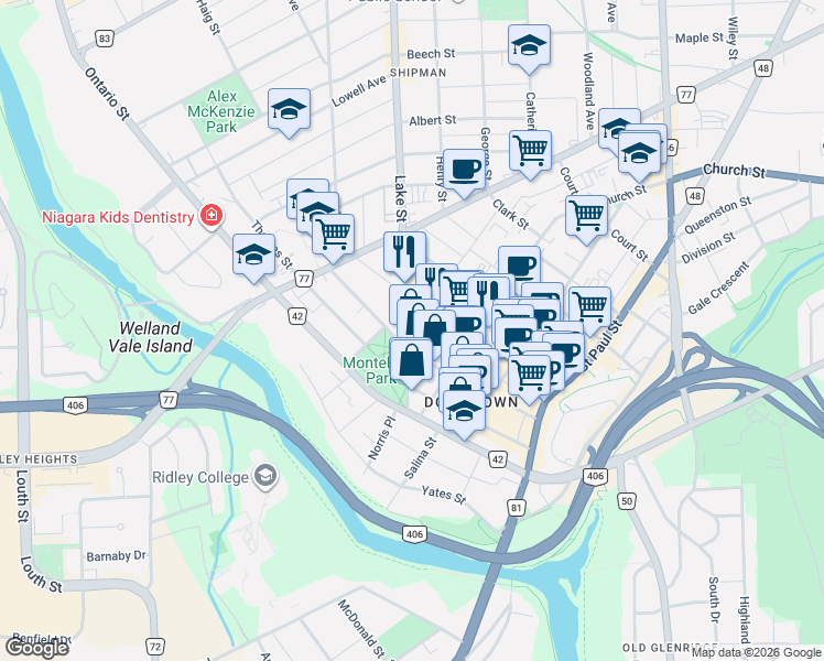 map of restaurants, bars, coffee shops, grocery stores, and more near 21 Duke Street in St. Catharines