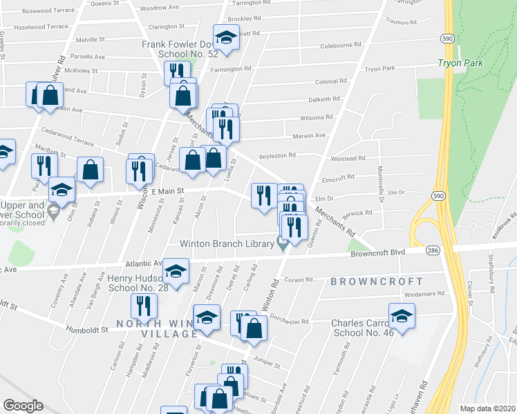 map of restaurants, bars, coffee shops, grocery stores, and more near 2247 East Main Street in Rochester