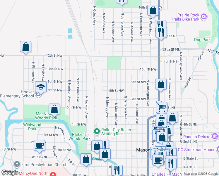 map of restaurants, bars, coffee shops, grocery stores, and more near 807 North Monroe Avenue in Mason City