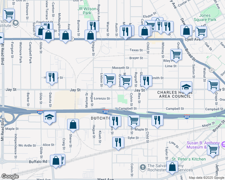 map of restaurants, bars, coffee shops, grocery stores, and more near 861 Jay Street in Rochester