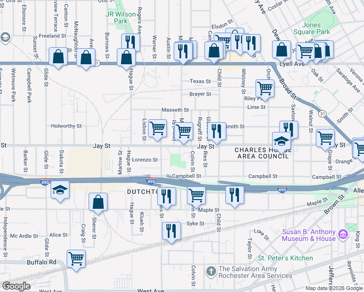 map of restaurants, bars, coffee shops, grocery stores, and more near Jay Street & Murray Street in Rochester