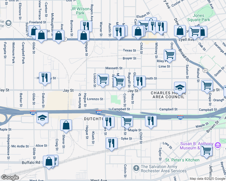 map of restaurants, bars, coffee shops, grocery stores, and more near Jay Street in Rochester