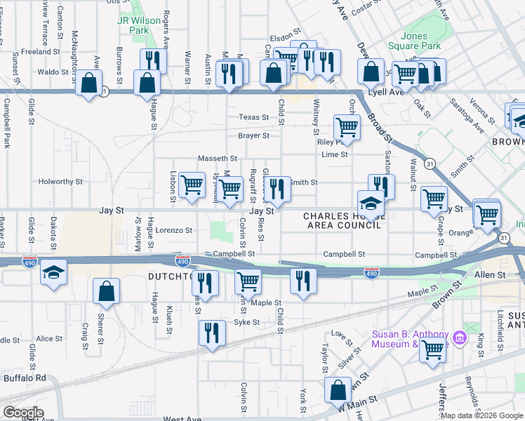 map of restaurants, bars, coffee shops, grocery stores, and more near 726 Jay Street in Rochester