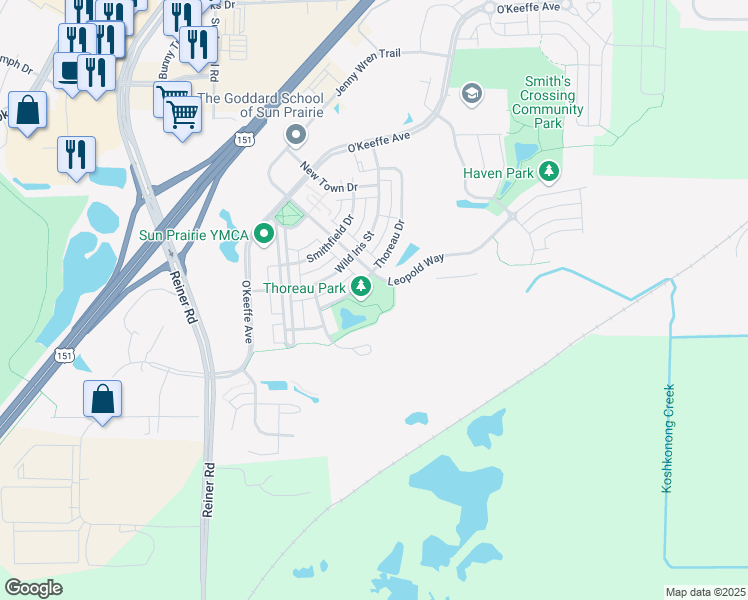 map of restaurants, bars, coffee shops, grocery stores, and more near 1521 Thoreau Drive in Sun Prairie