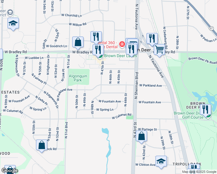 map of restaurants, bars, coffee shops, grocery stores, and more near 4605 West Parkland Avenue in Brown Deer